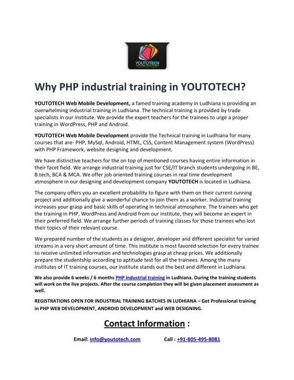 Why PHP industrial training in YOUTOTECH Web Mobile Development?