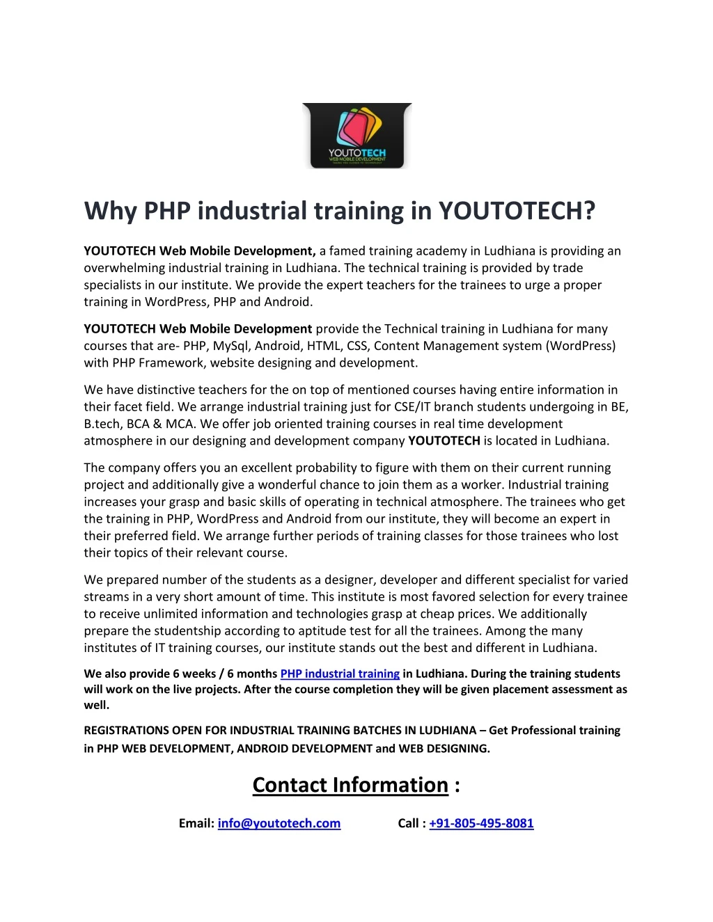 why php industrial training in youtotech