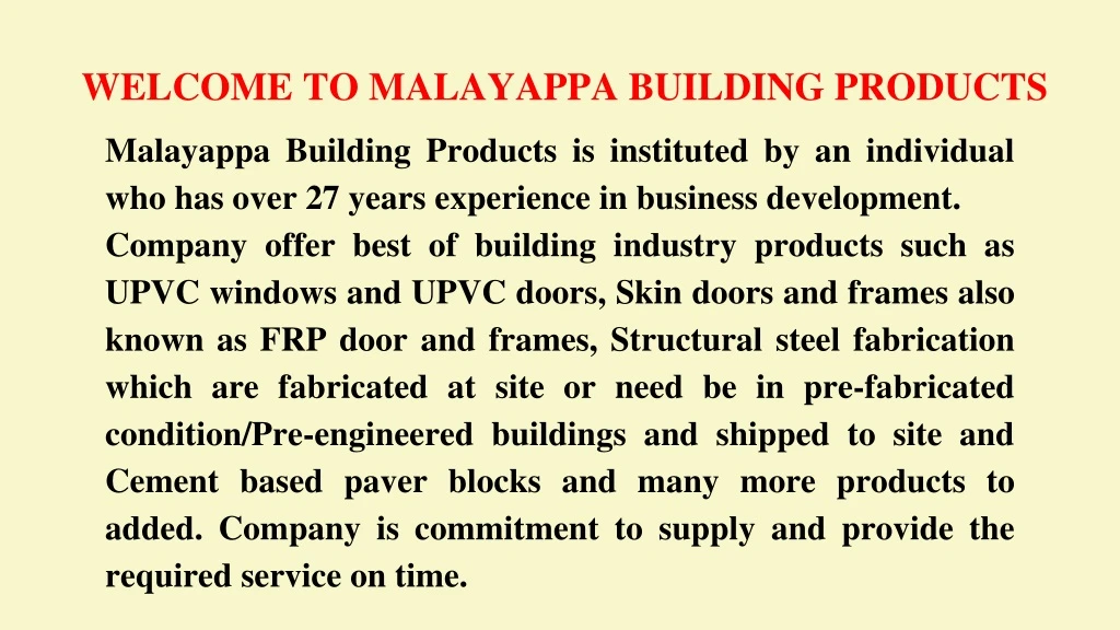 welcome to malayappa building products
