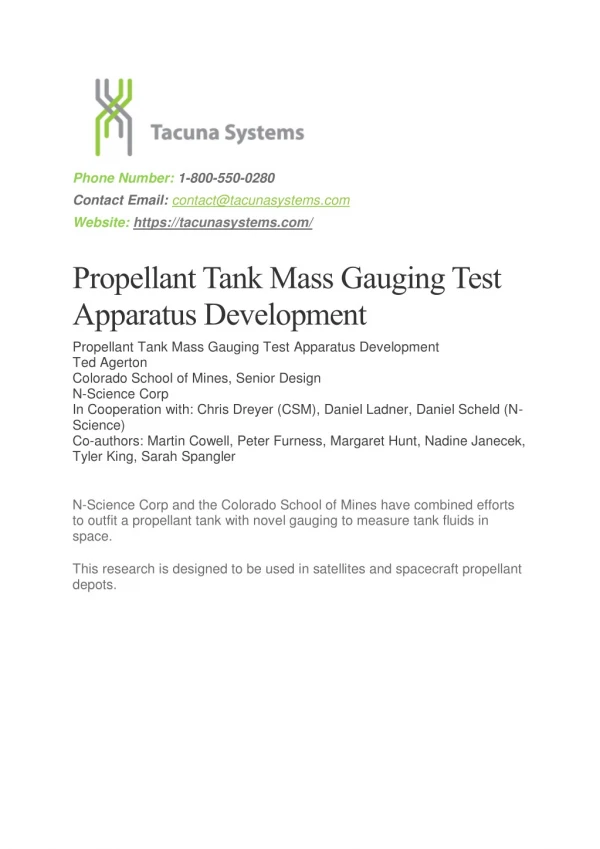Propellant Tank Mass Gauging Test Apparatus Development