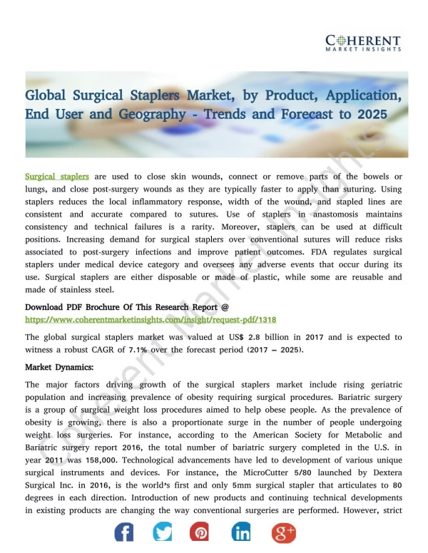 Surgical Staplers Market, by Product, Application, End User and Geography - Trends and Forecast to 2025