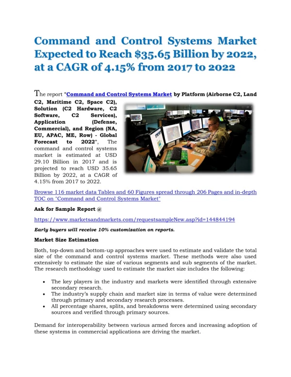 Command and Control Systems Market Expected to Reach $35.65 Billion by 2022, at a CAGR of 4.15% from 2017 to 2022