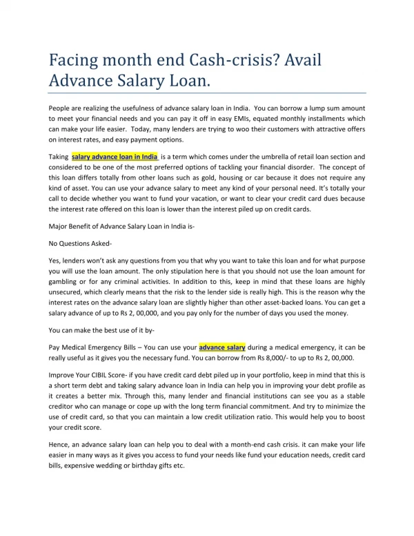 Facing month end Cash-crisis? Avail Advance Salary Loan.