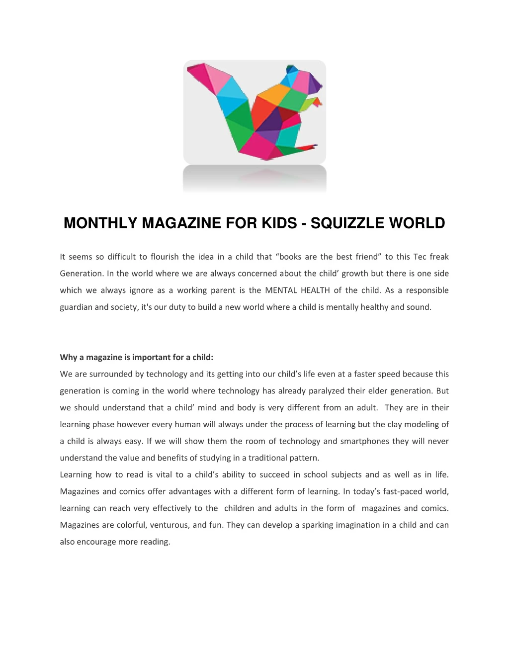 monthly magazine for kids squizzle world