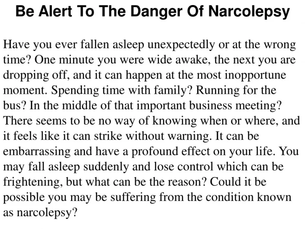 Be Alert To The Danger Of Narcolepsy