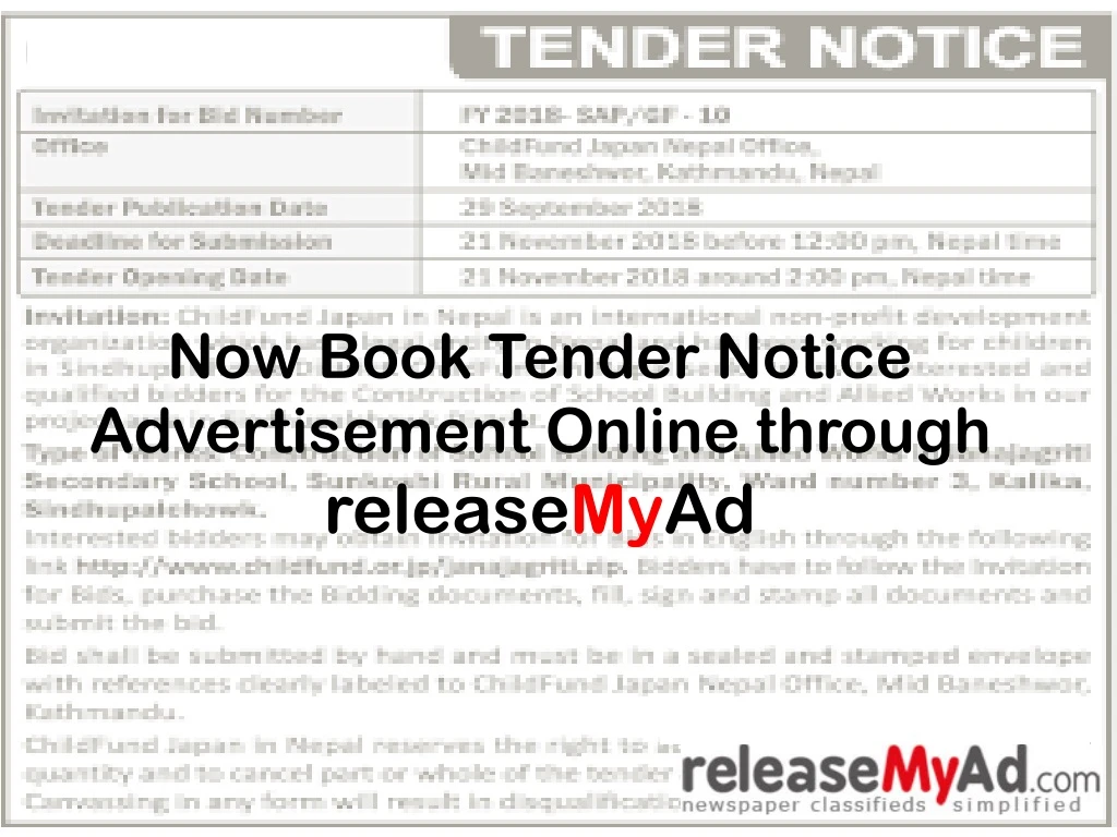 now book tender notice advertisement online through release my ad