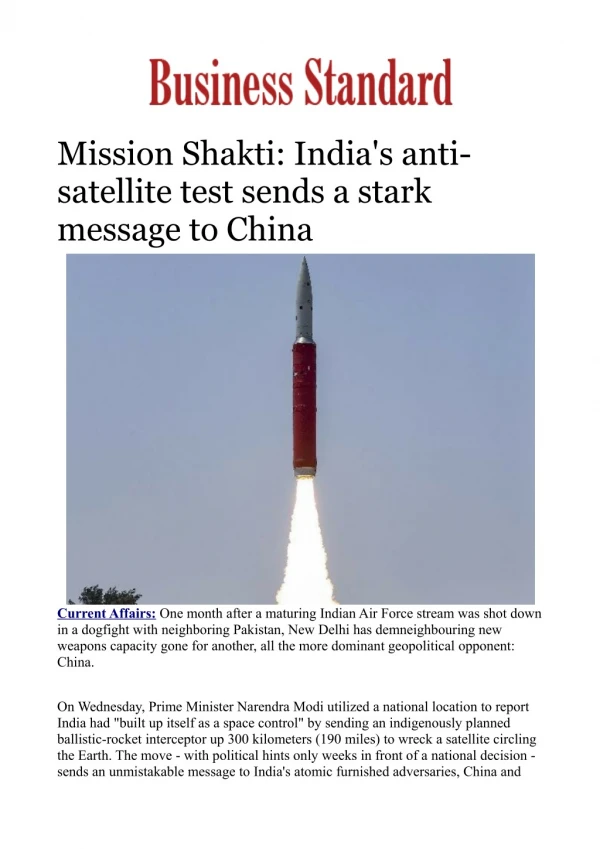 Mission Shakti: India's anti-satellite test sends a stark message to China