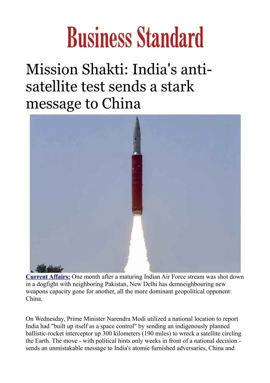 mission shakti india s anti satellite test sends