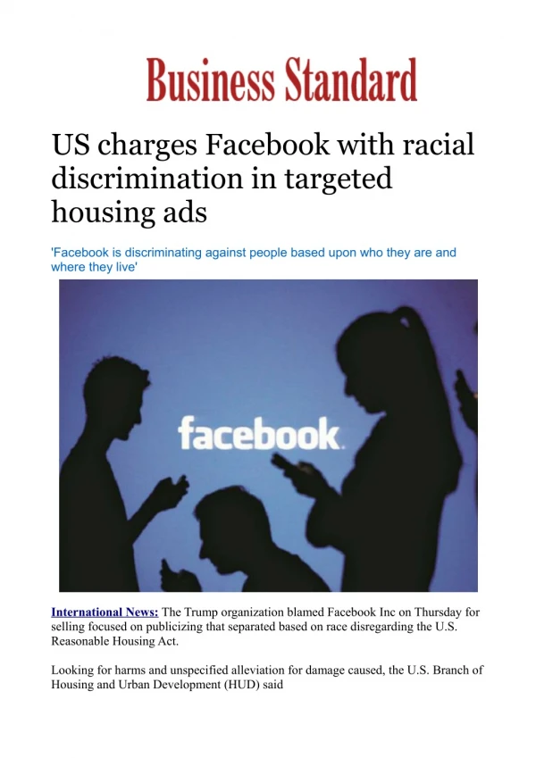 US charges Facebook with racial discrimination in targeted housing ads