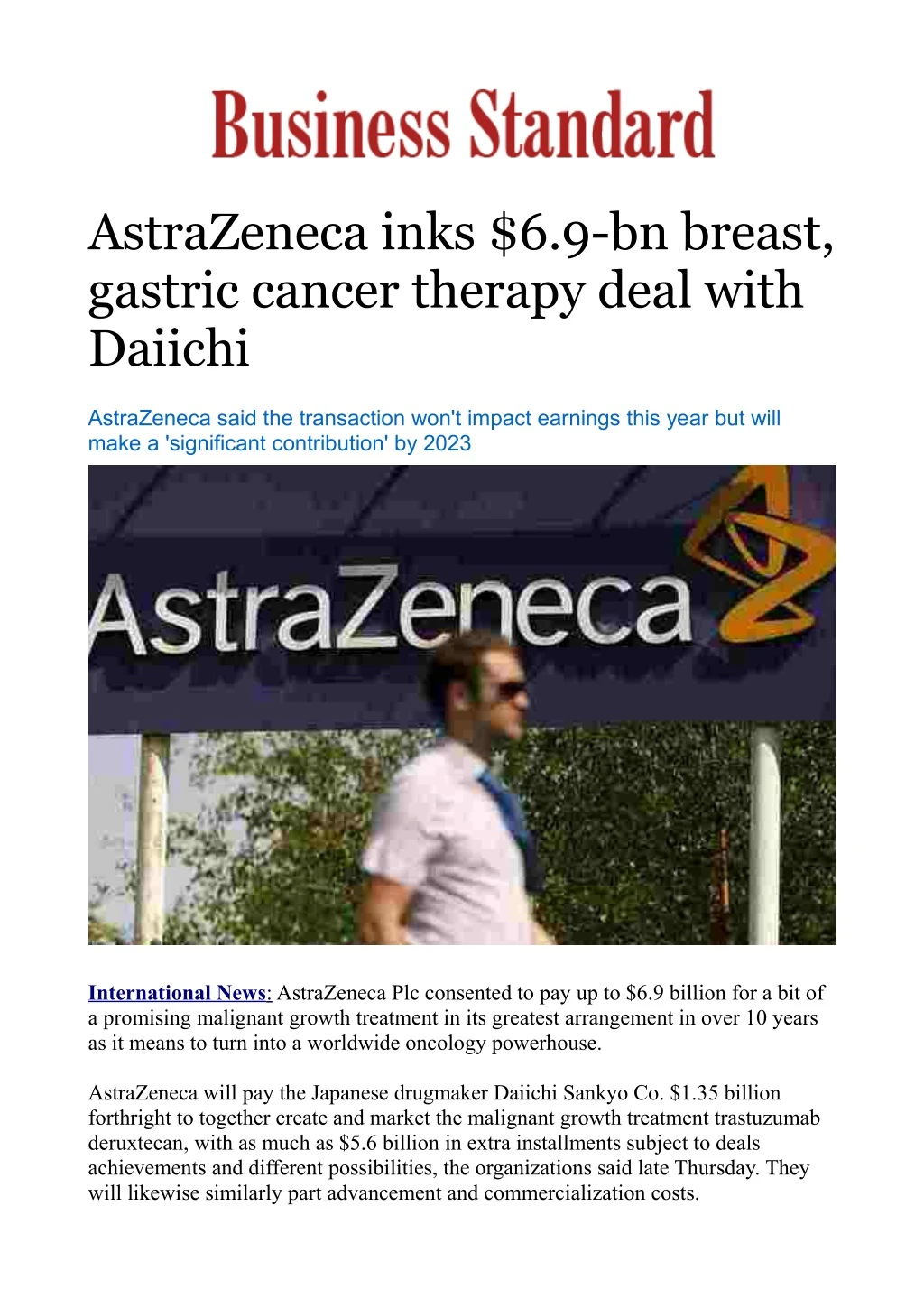 astrazeneca inks 6 9 bn breast gastric cancer