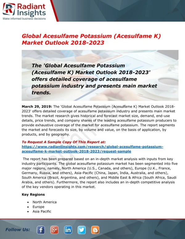 Acesulfame Potassium Market Development Opportunities From 2018-2023: Radiant Insights Inc