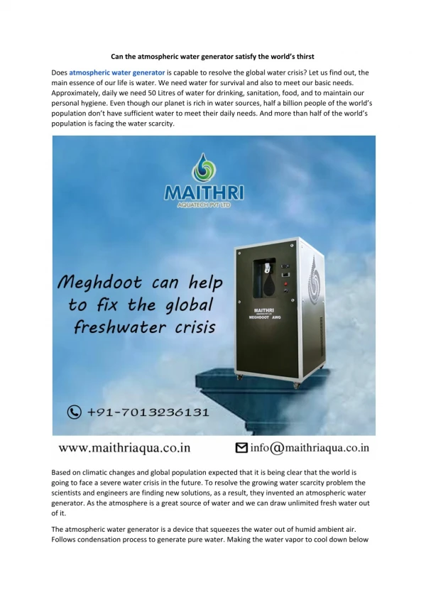 Can the atmospheric water generator satisfy the world’s thirst
