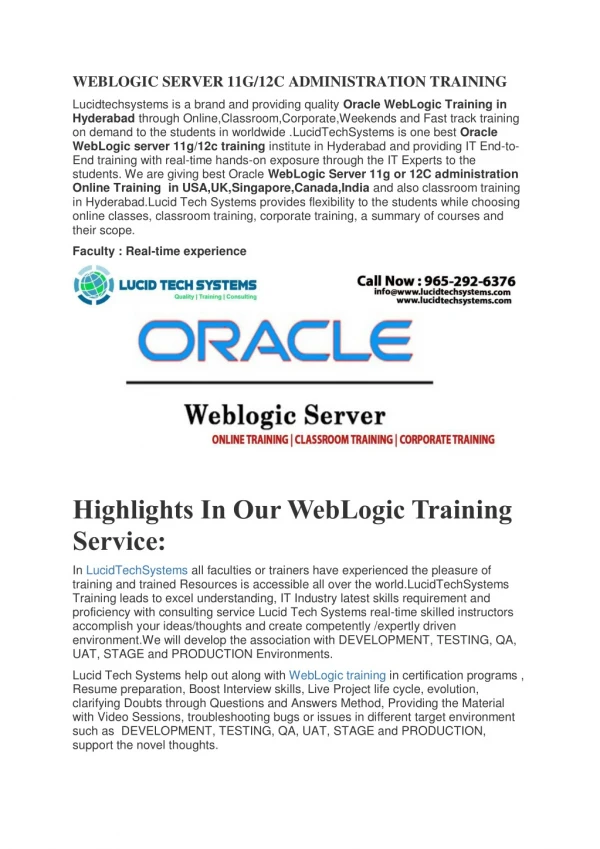 Oracle Weblogic Online Training in Hyderabad, India, USA & UK.