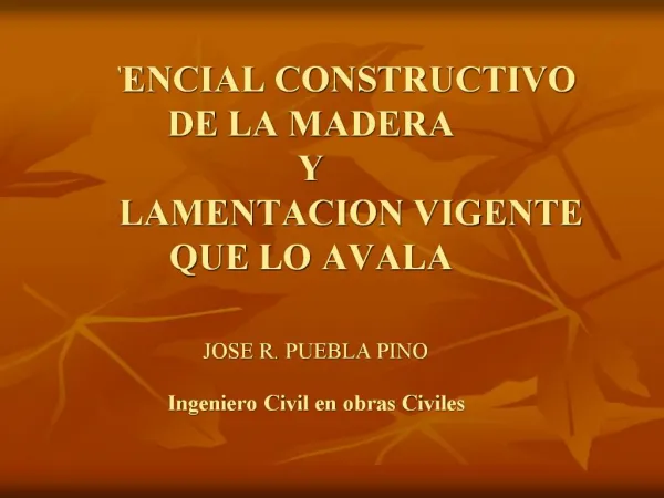 POTENCIAL CONSTRUCTIVO DE LA MADERA Y REGLAMENTACION VIGENTE QUE LO AVALA JOSE R. PUEBLA PINO Ingeniero Civil en obra