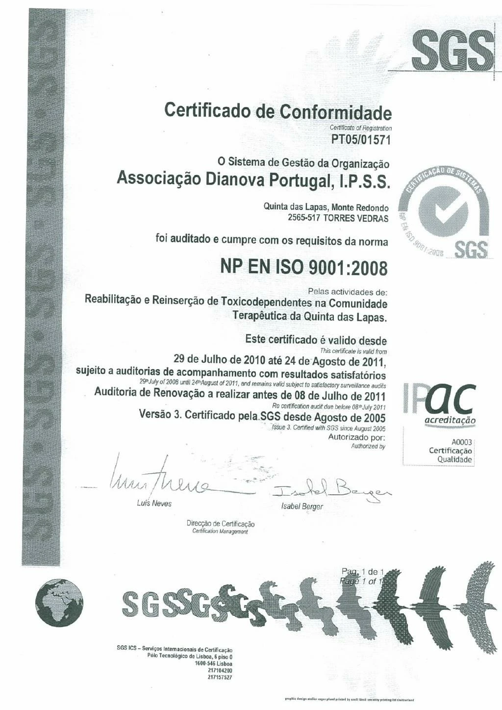 certificado sgs sistema gestao qualidade 2010 dianova portugal