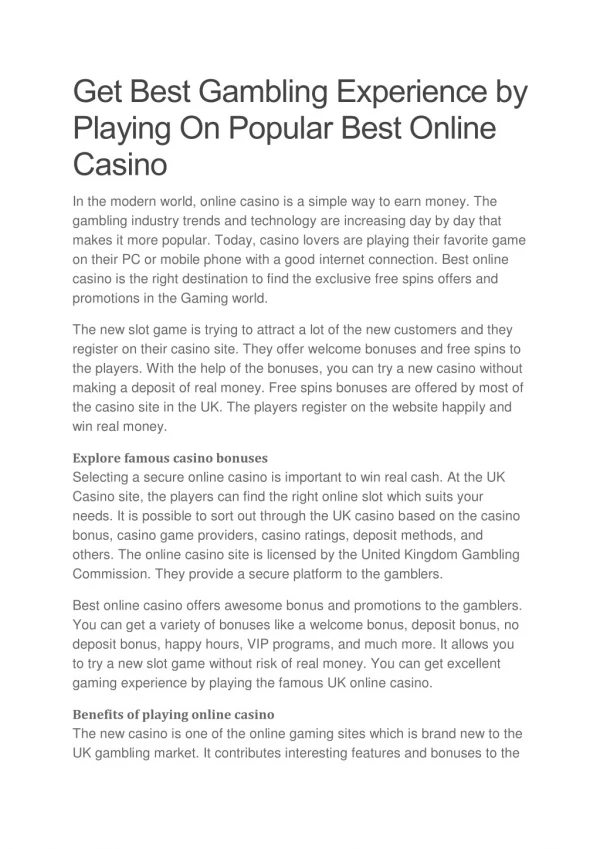 Get Best Gambling Experience by Playing On Popular Best Online Casino