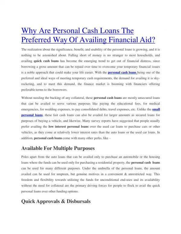 Why Are Personal Cash Loans The Preferred Way Of Availing Financial Aid?