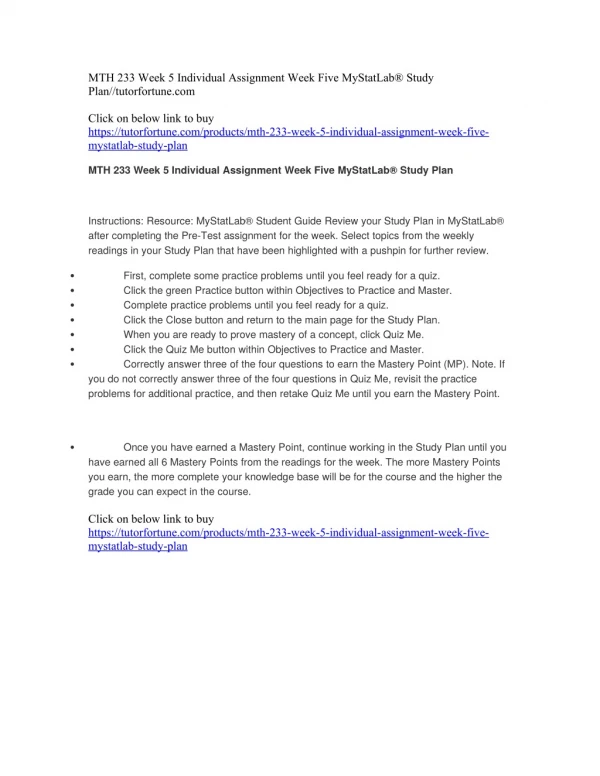 MTH 233 Week 5 Individual Assignment Week Five MyStatLab® Study Plan//tutorfortune.com