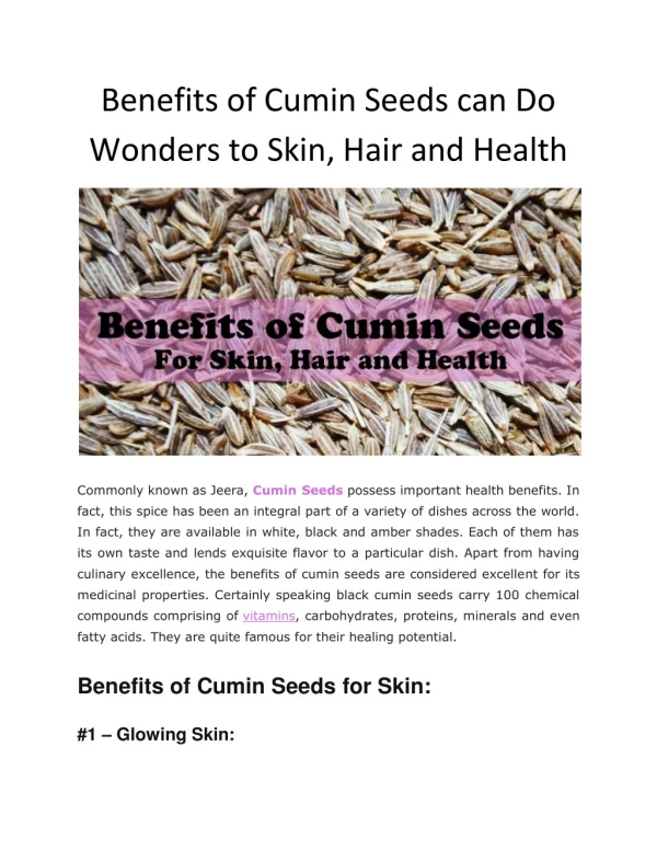 Benefits of Cumin Seeds can Do Wonders to Skin, Hair and Health - Health & Fitness Magazine