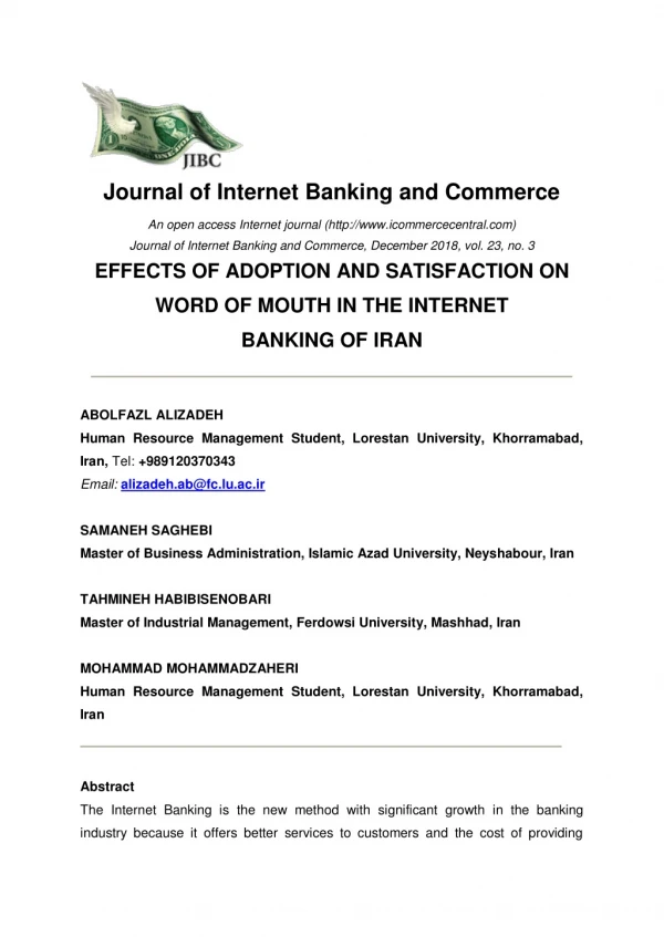 Effects of Adoption and Satisfaction on Word Of Mouth in the Internet Banking of Iran