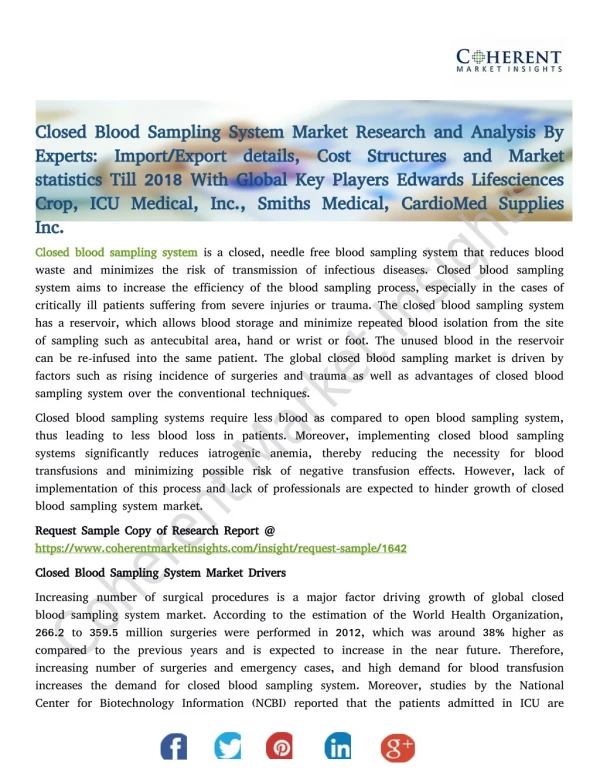 Closed Blood Sampling System Market - Industry Insights, Trends, Outlook, and Opportunity Analysis, 2018-2026
