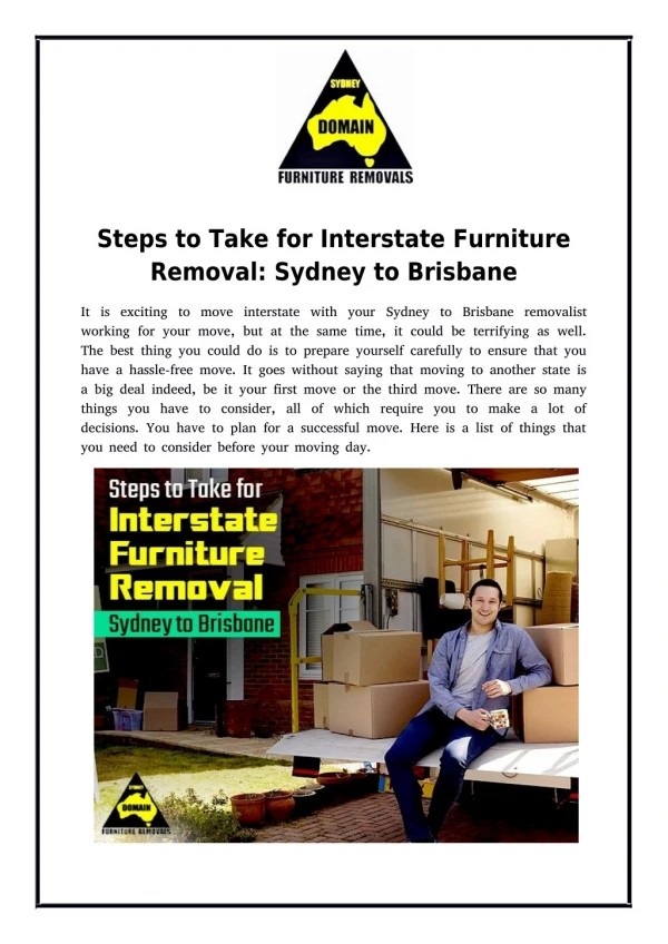 Steps to Take for Interstate Furniture Removal: Sydney to Brisbane