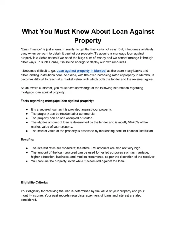 What You Must Know About Loan Against Property