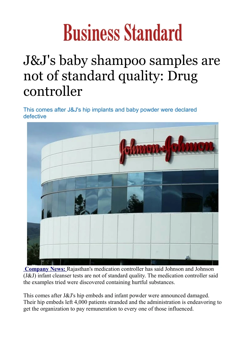j j s baby shampoo samples are not of standard