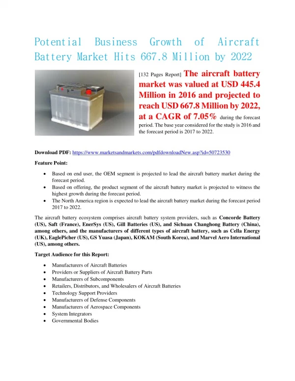 Potential Business Growth of Aircraft Battery Market Hits 667.8 Million by 2022