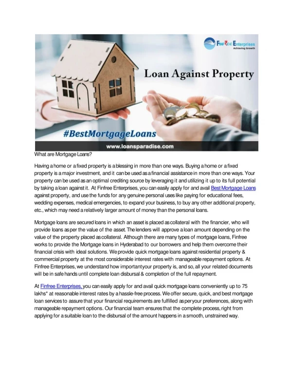 Best Mortgage Loans At Prime Interest Rates | Finfree Enterprises