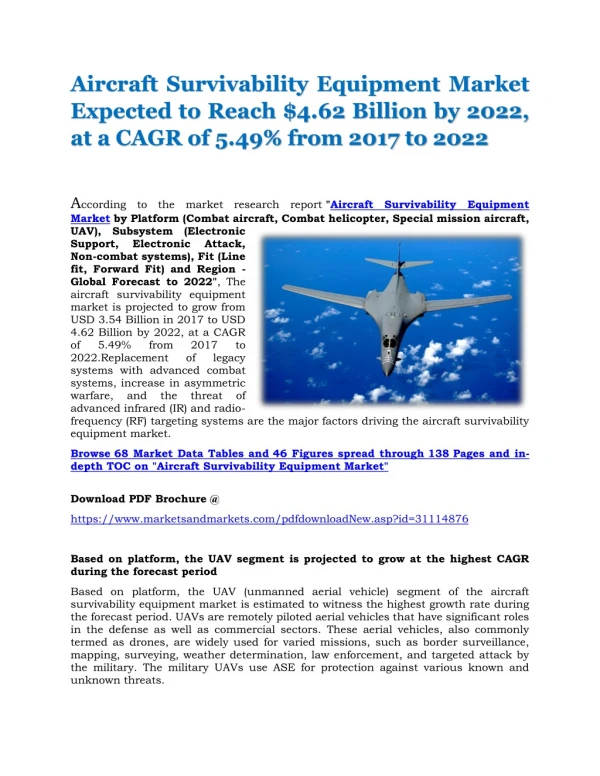Aircraft Survivability Equipment Market Expected to Reach $4.62 Billion by 2022, at a CAGR of 5.49% from 2017 to 2022