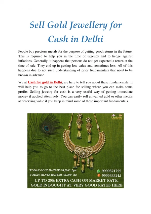 Sell Gold Jewellery for Cash in Delhi