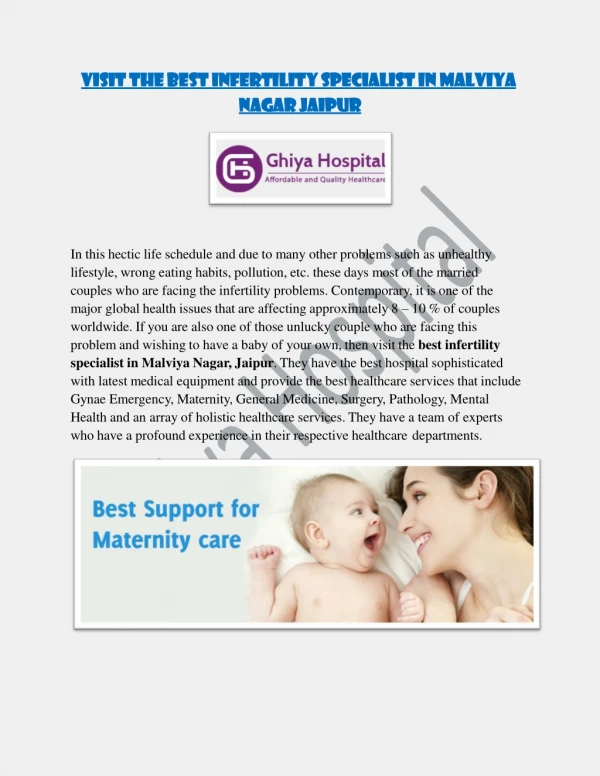 Visit the best Infertility Specialist In Malviya Nagar Jaipur | Ghiya Hospital
