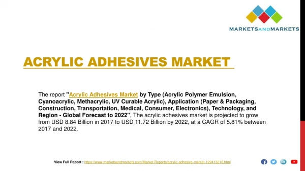 Acrylic Adhesives Market by Type &amp; Application - Global Forecast 2022