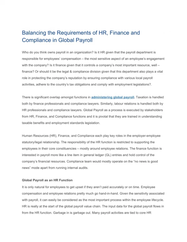 Balancing the Requirements of HR, Finance and Compliance in Global Payroll