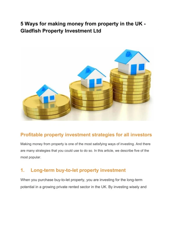 5 Ways for making money from property in the UK - Gladfish Property Investment Ltd
