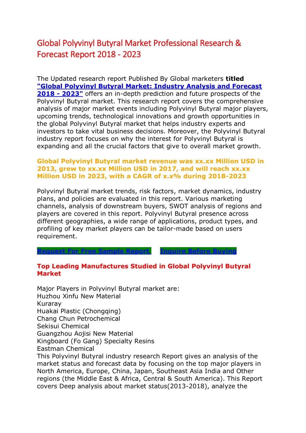 global polyvinyl butyral market professional