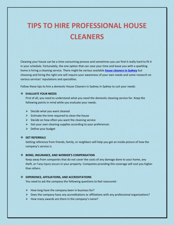 Tips to hire professional house cleaners
