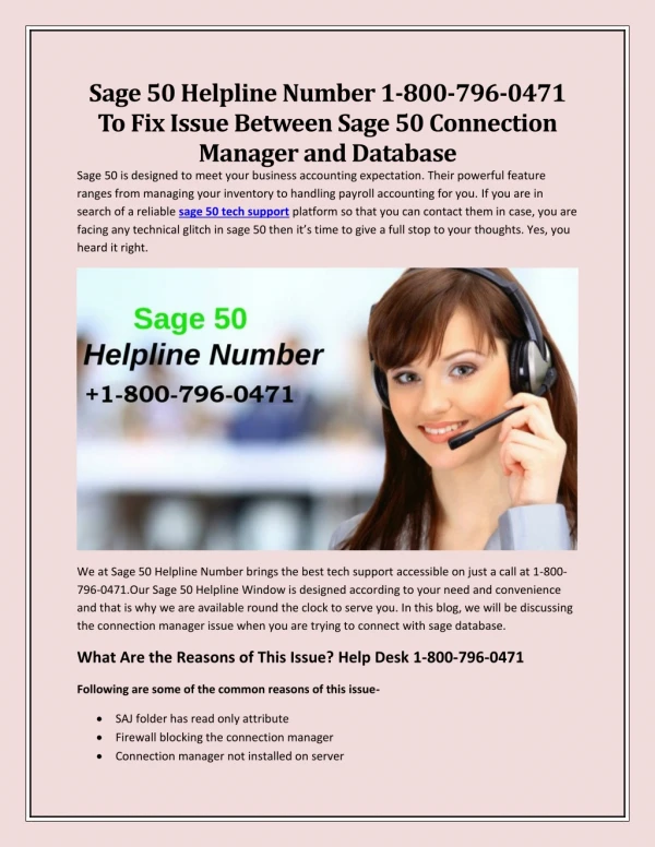 Sage 50 Helpline Number 1-800-796-0471 To Fix Issue Between Sage 50 Connection Manager And Database