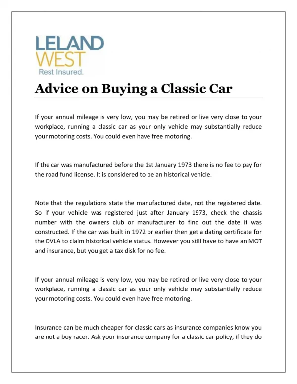 Advice on Buying a Classic Car