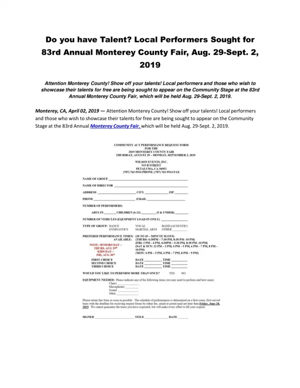 Do you have Talent? Local Performers Sought for 83rd Annual Monterey County Fair