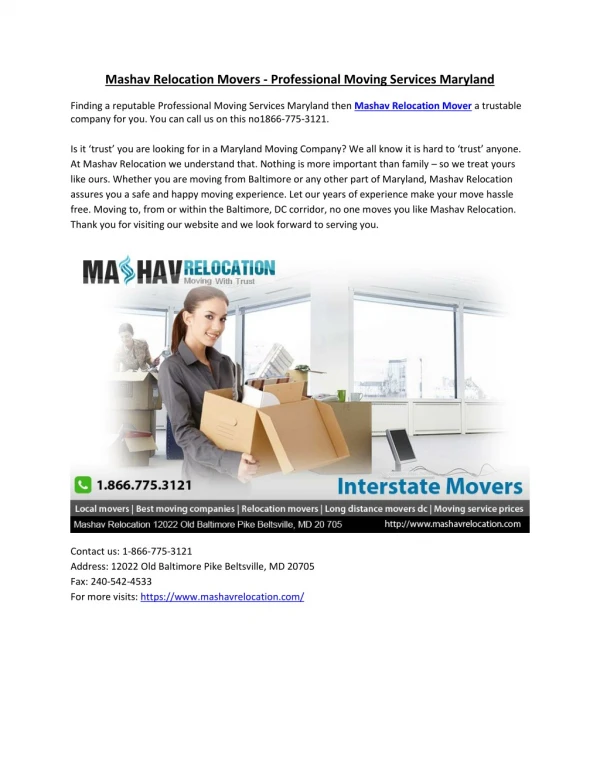 Mashav Relocation Movers - Professional Moving Services Maryland