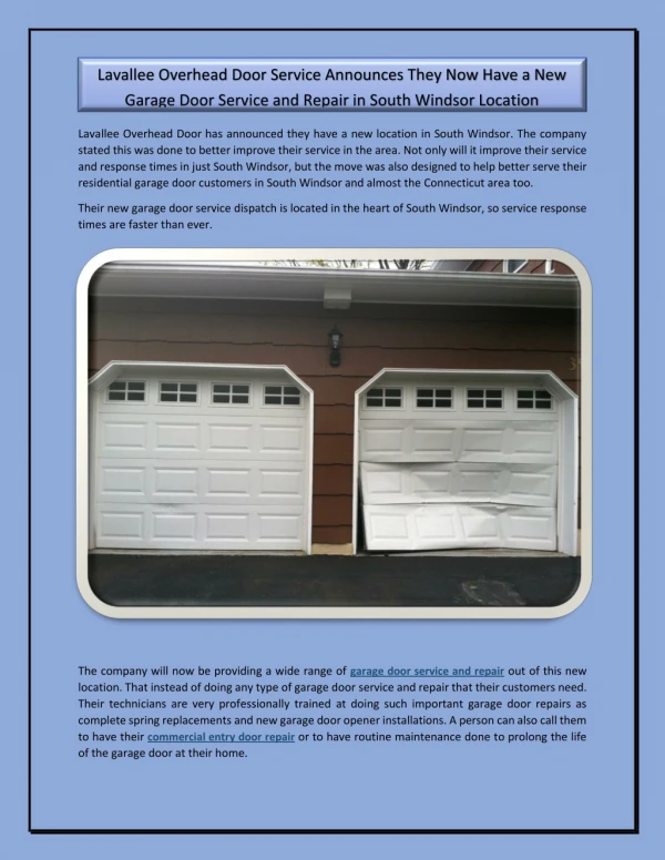 Lavallee Overhead Door Service Announces They Now Have a New Garage Door Service and Repair in South Windsor Location