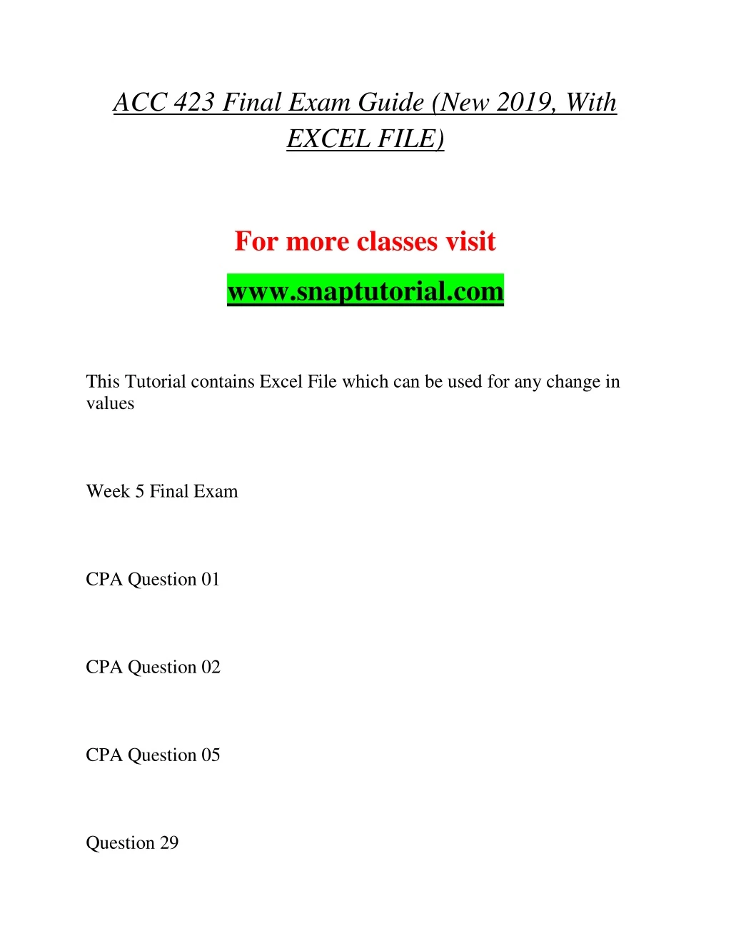 acc 423 final exam guide new 2019 with excel file