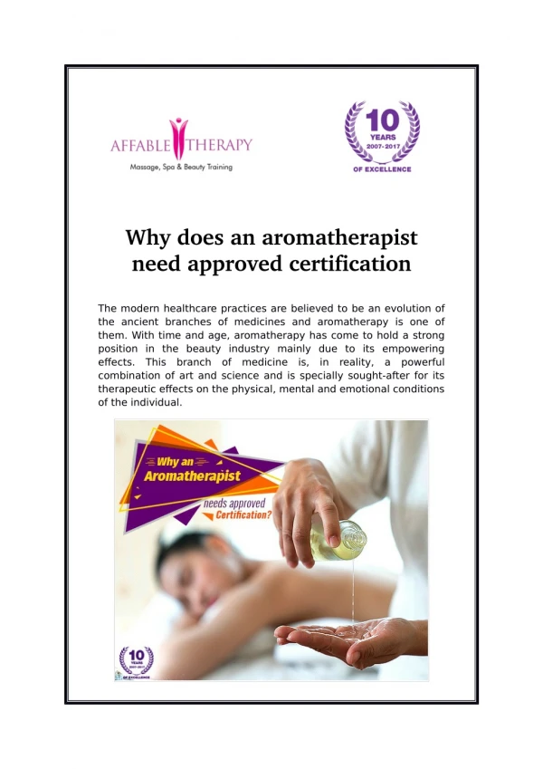 Why does an aromatherapist need approved certification?