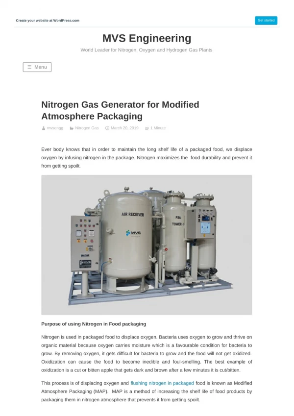 Nitrogen Gas Generator for Modified Atmosphere Packaging