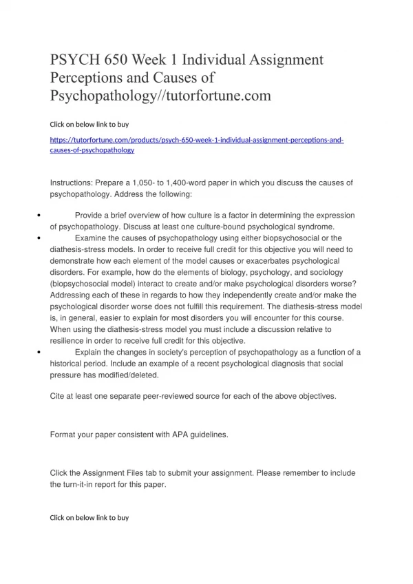 PSYCH 650 Week 1 Individual Assignment Perceptions and Causes of Psychopathology//tutorfortune.com