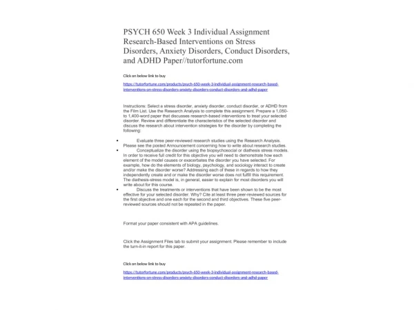 PSYCH 650 Week 3 Individual Assignment Research-Based Interventions on Stress Disorders, Anxiety Disorders, Conduct Diso