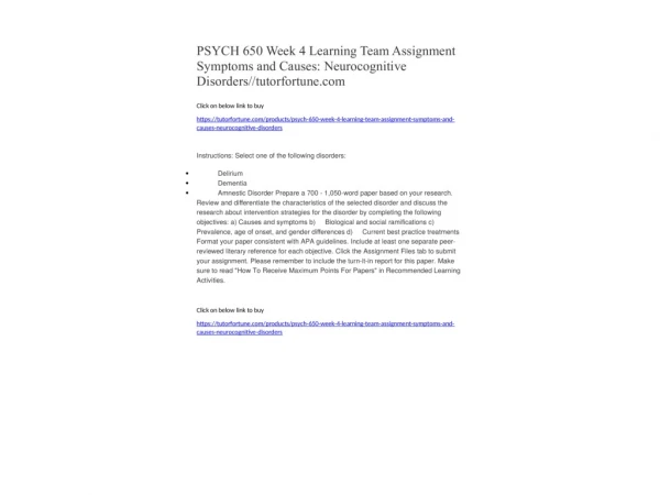 PSYCH 650 Week 4 Learning Team Assignment Symptoms and Causes: Neurocognitive Disorders//tutorfortune.com