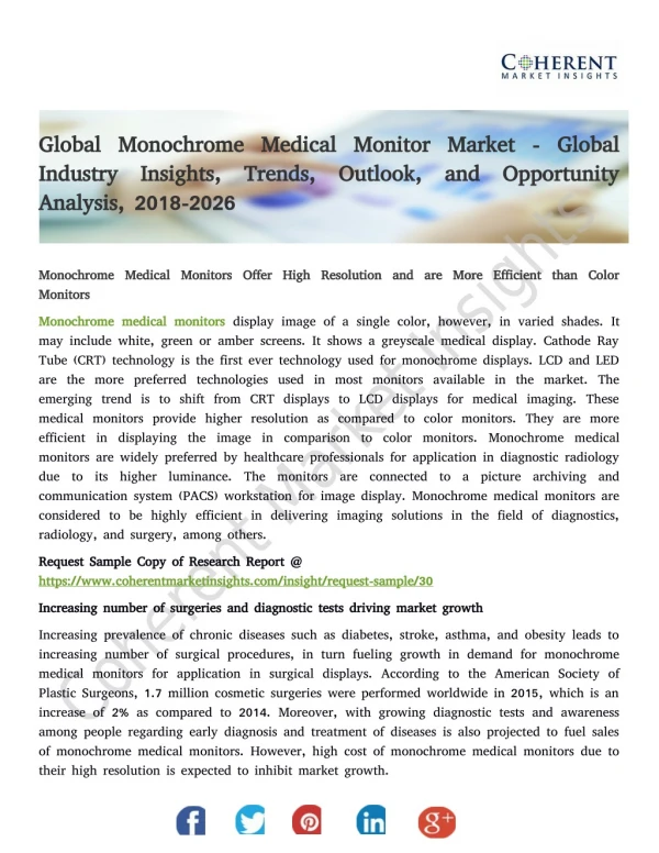 Global Monochrome Medical Monitor Market - Global Industry Insights, Trends, Outlook, and Opportunity Analysis, 2018-202